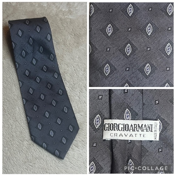 Giorgio Armani Grey Tie with Silver Diamond Pattern made in Italy - Picture 1 of 6